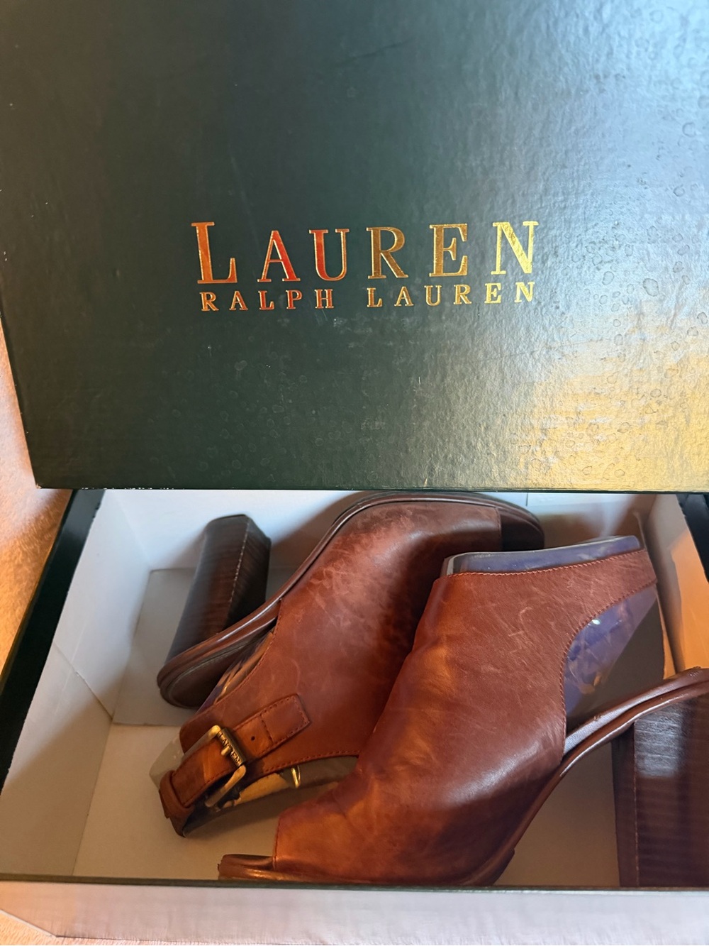 Lauren Ralph Lauren Brown Leather Open-Toe Mule Heels